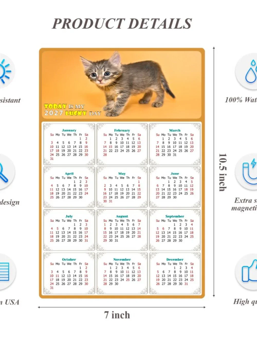 2027 Magnetic Calendar - Today is my Lucky Day - Cat Themed 018 (7 x 10.5)